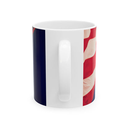 The Patriotic Colors of Red and White in the Stripes of the American Flag Wave Against a Deep Blue Sky, Perfect for an 11 or 15oz Mug.