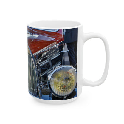 1939 Bugatti Type 57C Atalante Classic Car Chrome Grill, Badge Emblem Logo and Front End Headlights Ready for Your 11 or 15oz Ceramic Mug.