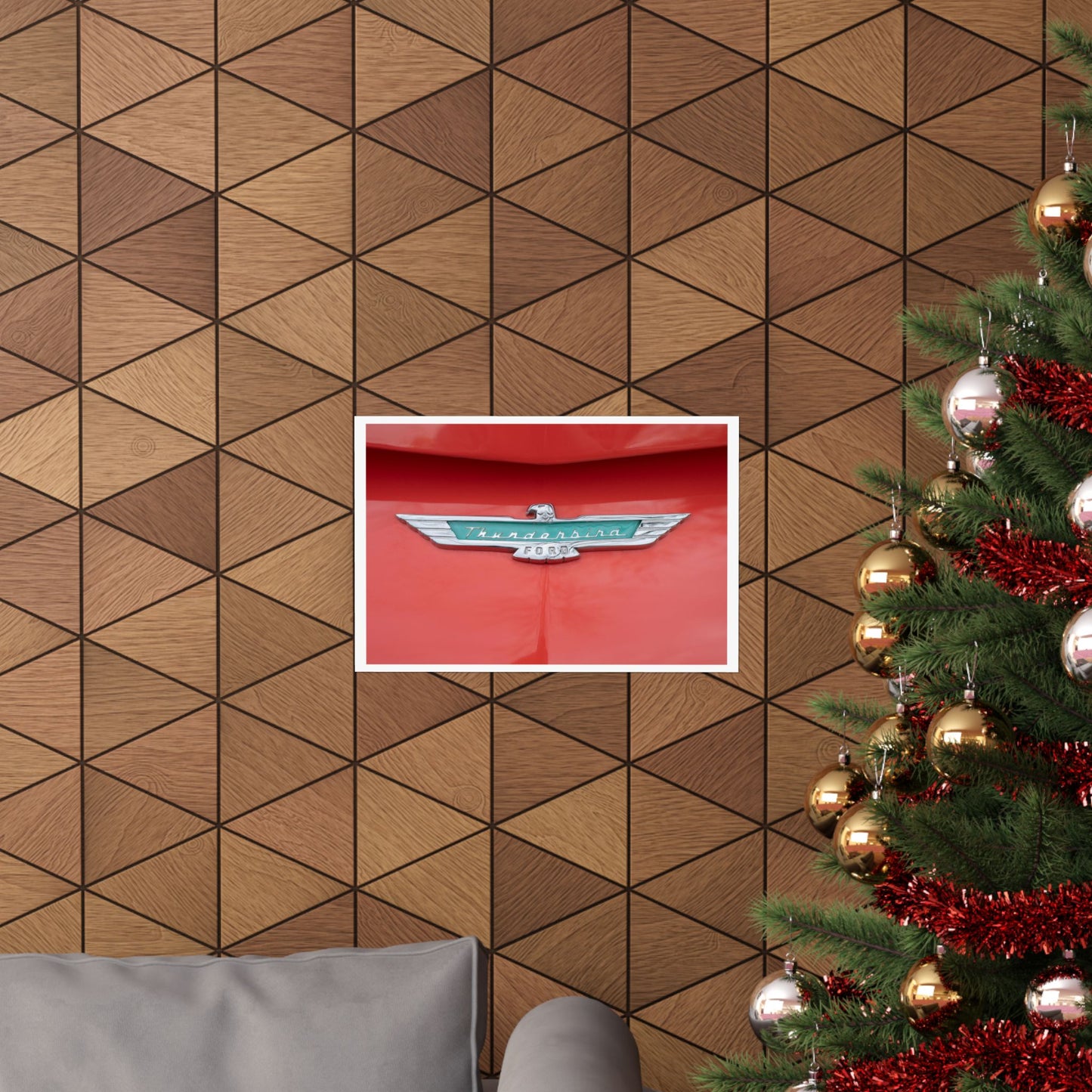 Ford Thunderbird classic car chrome logo emblem badge perfect art for car lovers' garages, man caves, or offices.
