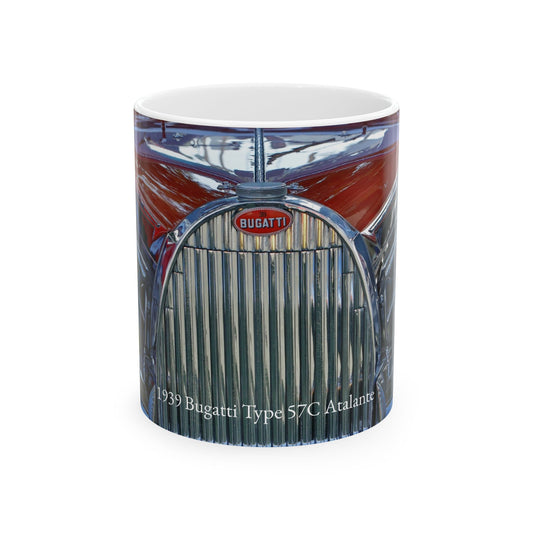 1939 Bugatti Type 57C Atalante Classic Car Chrome Grill, Badge Emblem Logo and Front End Headlights Ready for Your 11 or 15oz Ceramic Mug.