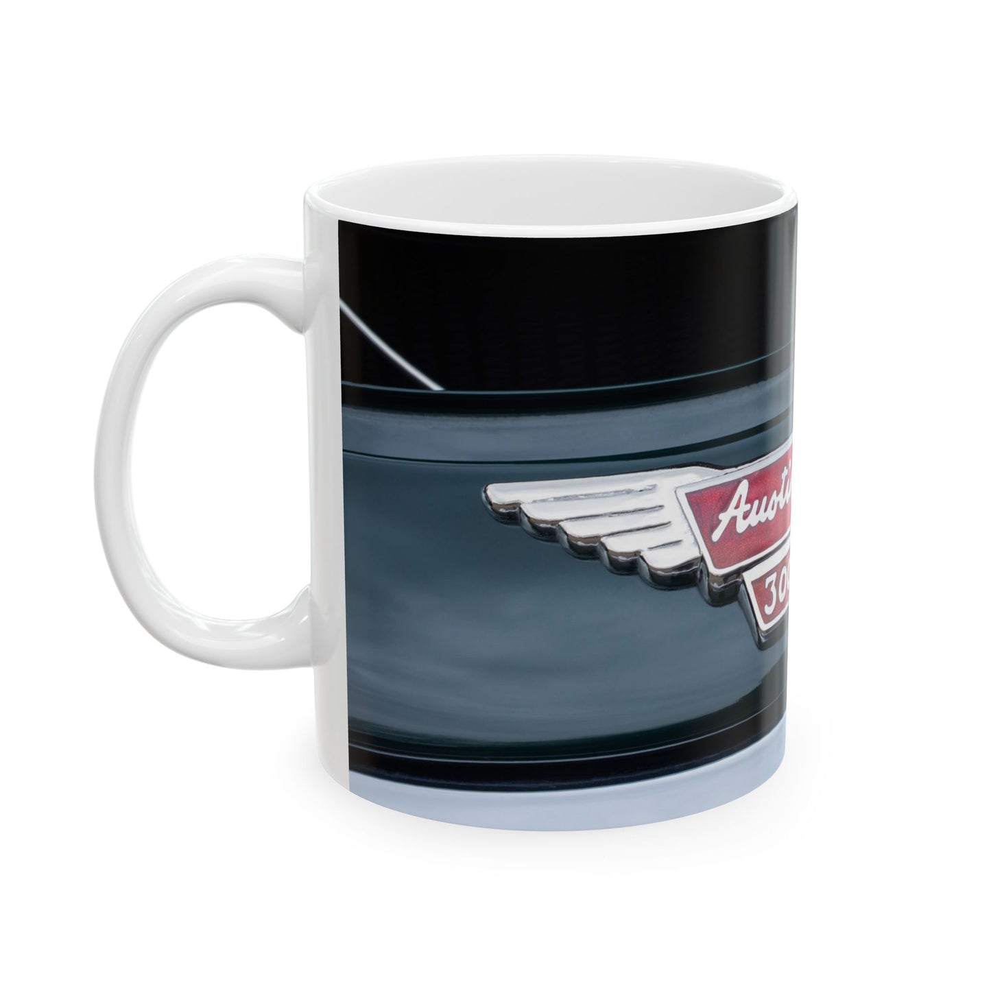 Classic Austin Healey 3000 Mk III classic car chrome logo for 11 or 15oz ceramic cups or mugs.