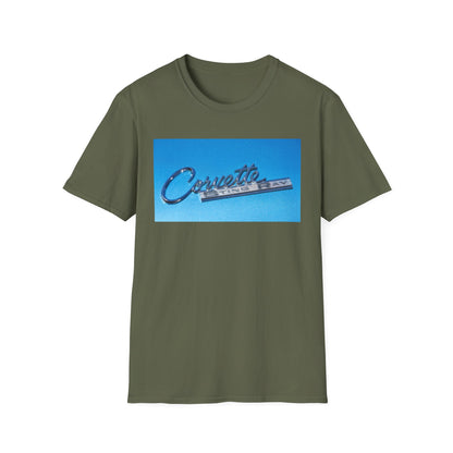 Corvette Stingray classic car chrome logo, silver on metal flake blue.
