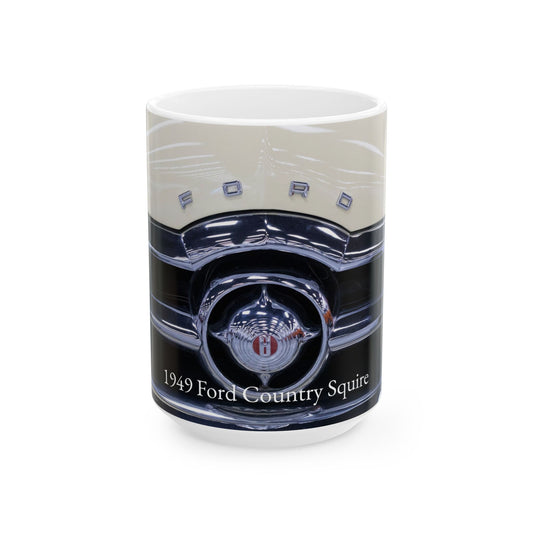 Ceramic Mug, 1949 Ford Country Squire Logo Coffee Cup for Classic Car Lovers, Vintage Automobile Enthusiasts, Gift for Car Collectors, Retro