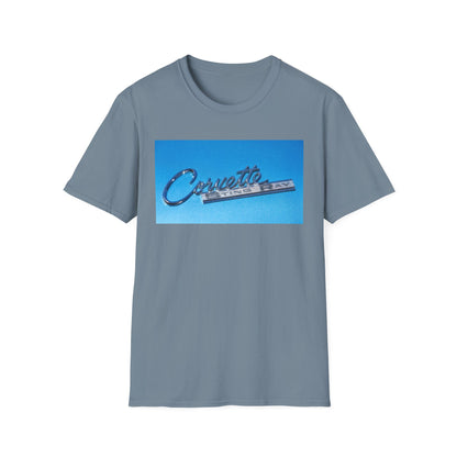 Corvette Stingray classic car chrome logo, silver on metal flake blue.