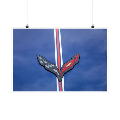 Chevrolet Corvette Stingray classic car logo emblem banner and hood ornament for car lovers' garages, man caves, and offices.