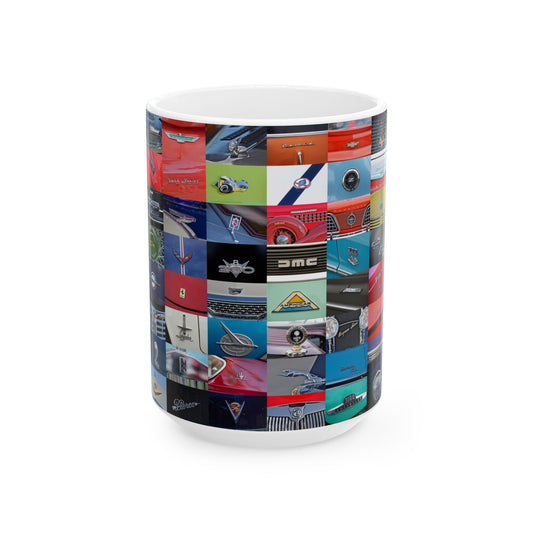 Vintage Car Logos Ceramic Mug, Classic Car Collector Gift, Retro Automobile Enthusiast Cup, Auto Lover Present, Gift for Car Buff, Garage