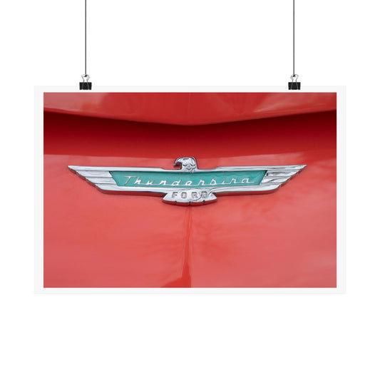 Ford Thunderbird classic car chrome logo emblem badge perfect art for car lovers' garages, man caves, or offices.