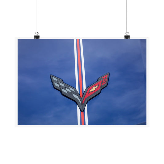 Chevrolet Corvette Stingray classic car logo emblem banner and hood ornament for car lovers' garages, man caves, and offices.