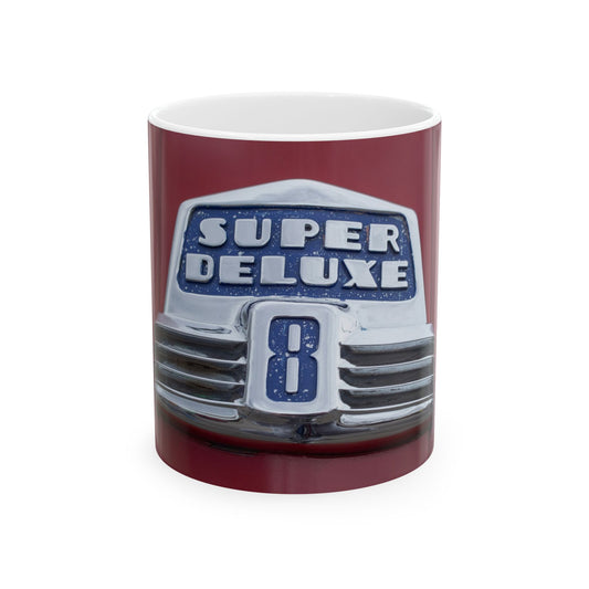 Buick Super Deluxe 8 cylinder classic car chrome logo for 11 or 15oz cups or mugs.