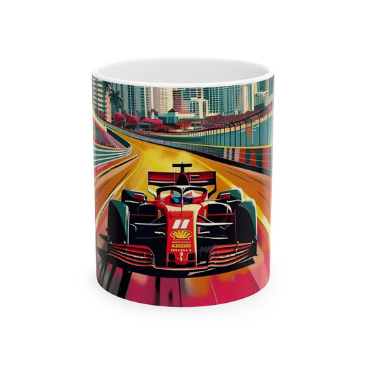 Colorful Tropical Racing Cityscape Abstract Artwork, Ready to Adorn Your New Favorite, 11 or 15oz Ceramic Mug.