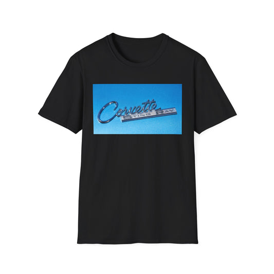 Corvette Stingray classic car chrome logo, silver on metal flake blue.