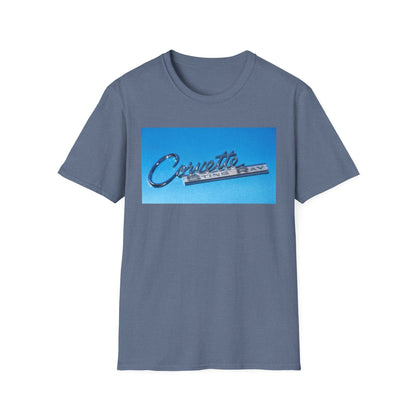 Corvette Stingray classic car chrome logo, silver on metal flake blue.