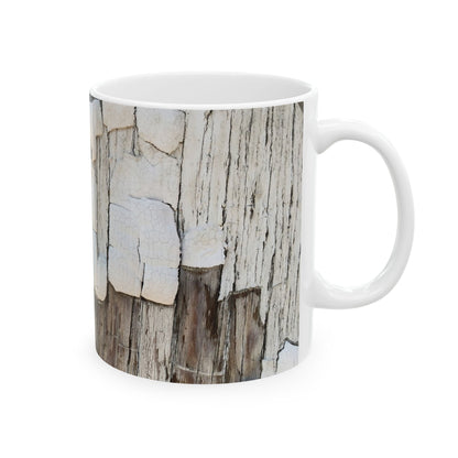 Dimensional design with peeling paint on dried wood ceramic mug, (11oz, 15oz)