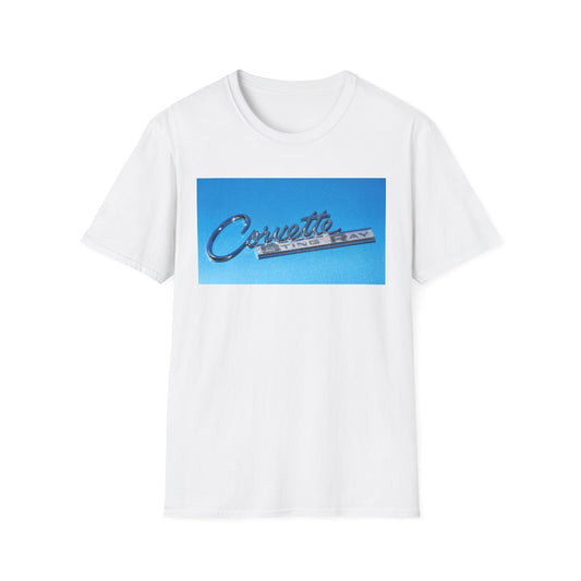 Corvette Stingray classic car chrome logo, silver on metal flake blue.