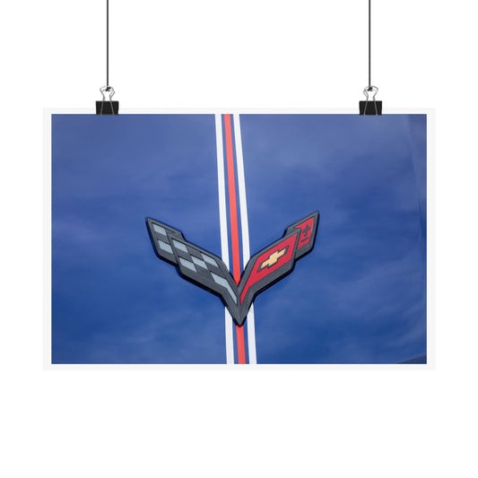 Chevrolet Corvette Stingray classic car logo emblem banner and hood ornament for car lovers' garages, man caves, and offices.