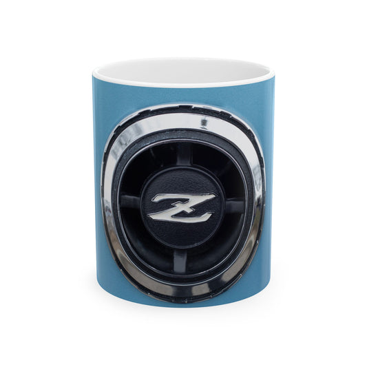 Datsun classic Z-car chrome logo for collectible auto 11 or 15oz cups or mugs.