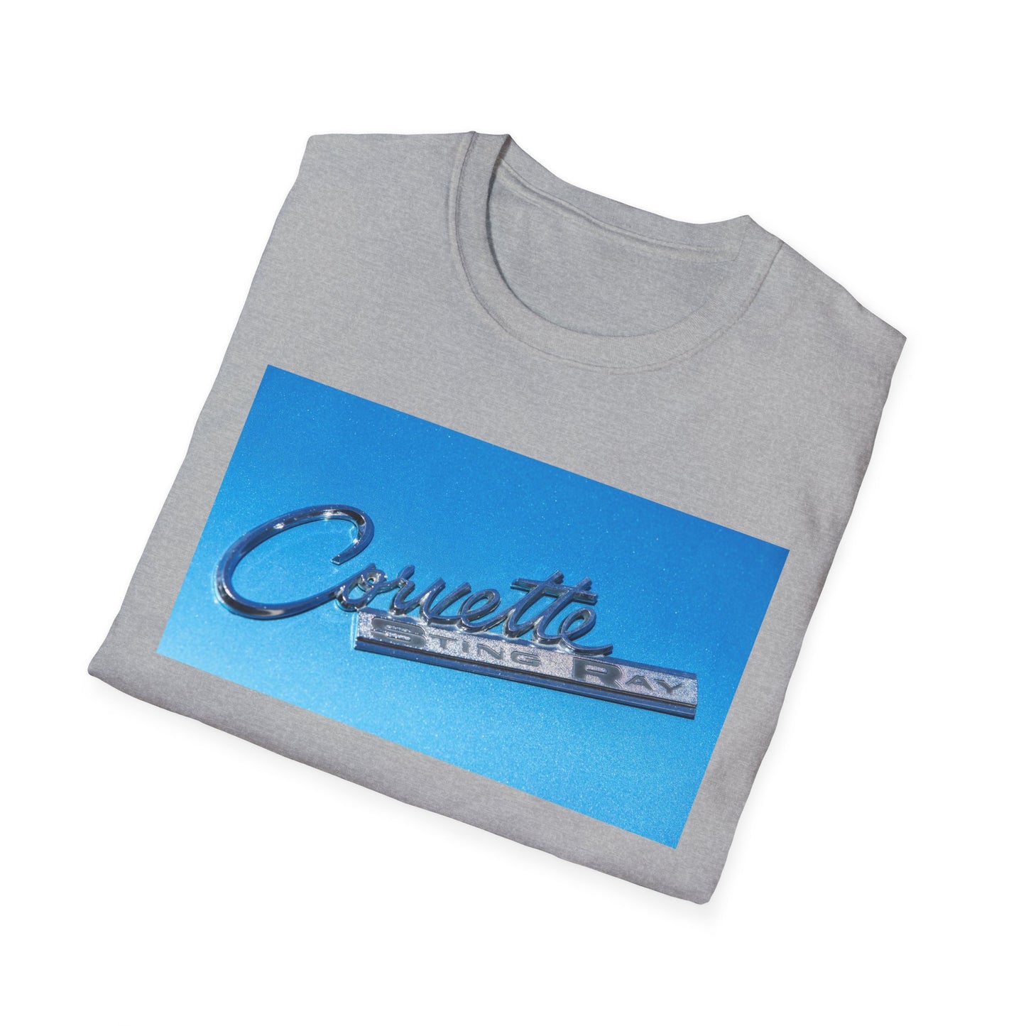 Corvette Stingray classic car chrome logo, silver on metal flake blue.