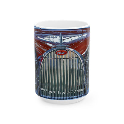 1939 Bugatti Type 57C Atalante Classic Car Chrome Grill, Badge Emblem Logo and Front End Headlights Ready for Your 11 or 15oz Ceramic Mug.