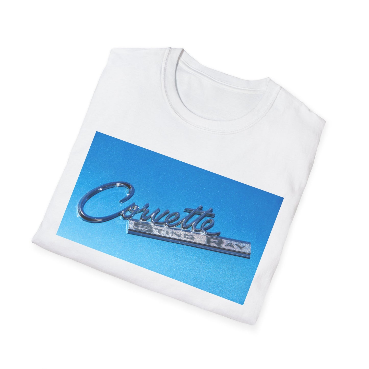 Corvette Stingray classic car chrome logo, silver on metal flake blue.