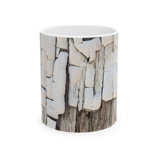 Dimensional design with peeling paint on dried wood ceramic mug, (11oz, 15oz)