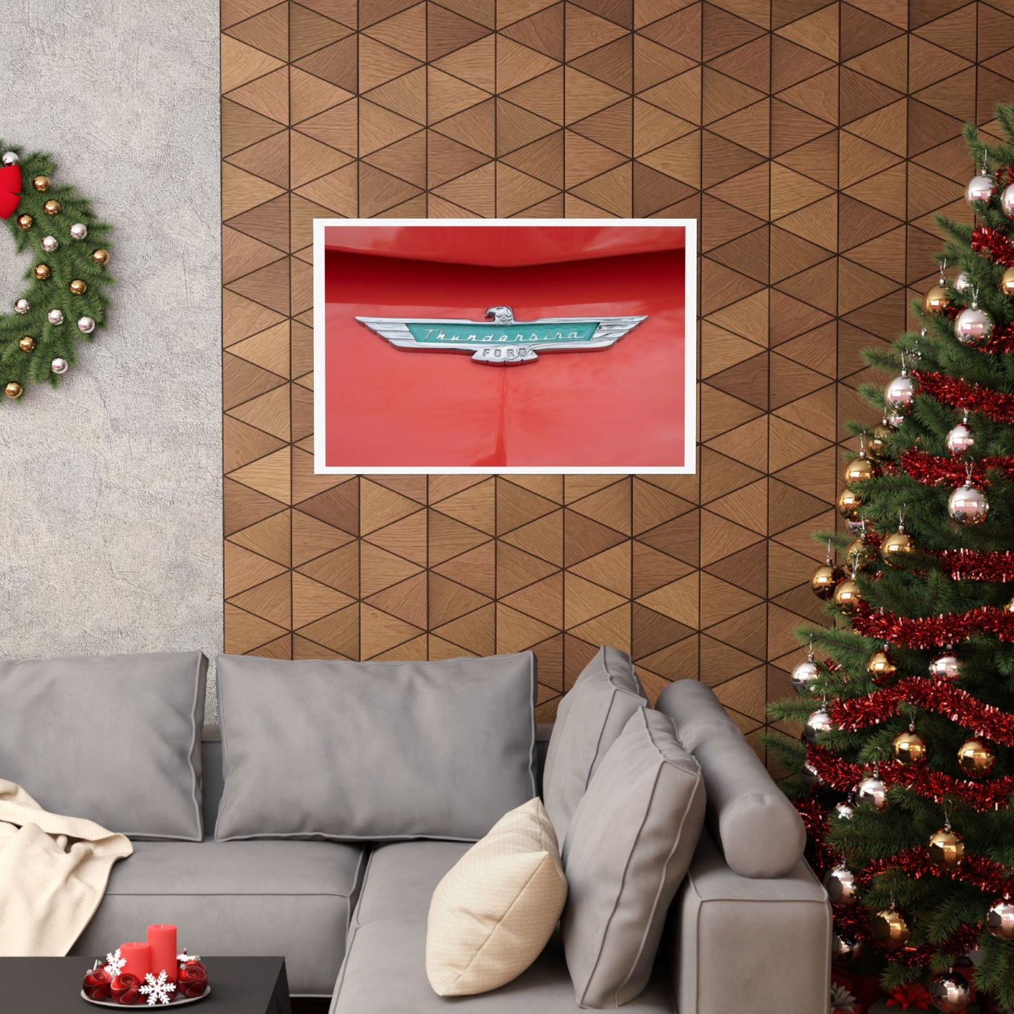 Ford Thunderbird classic car chrome logo emblem badge perfect art for car lovers' garages, man caves, or offices.