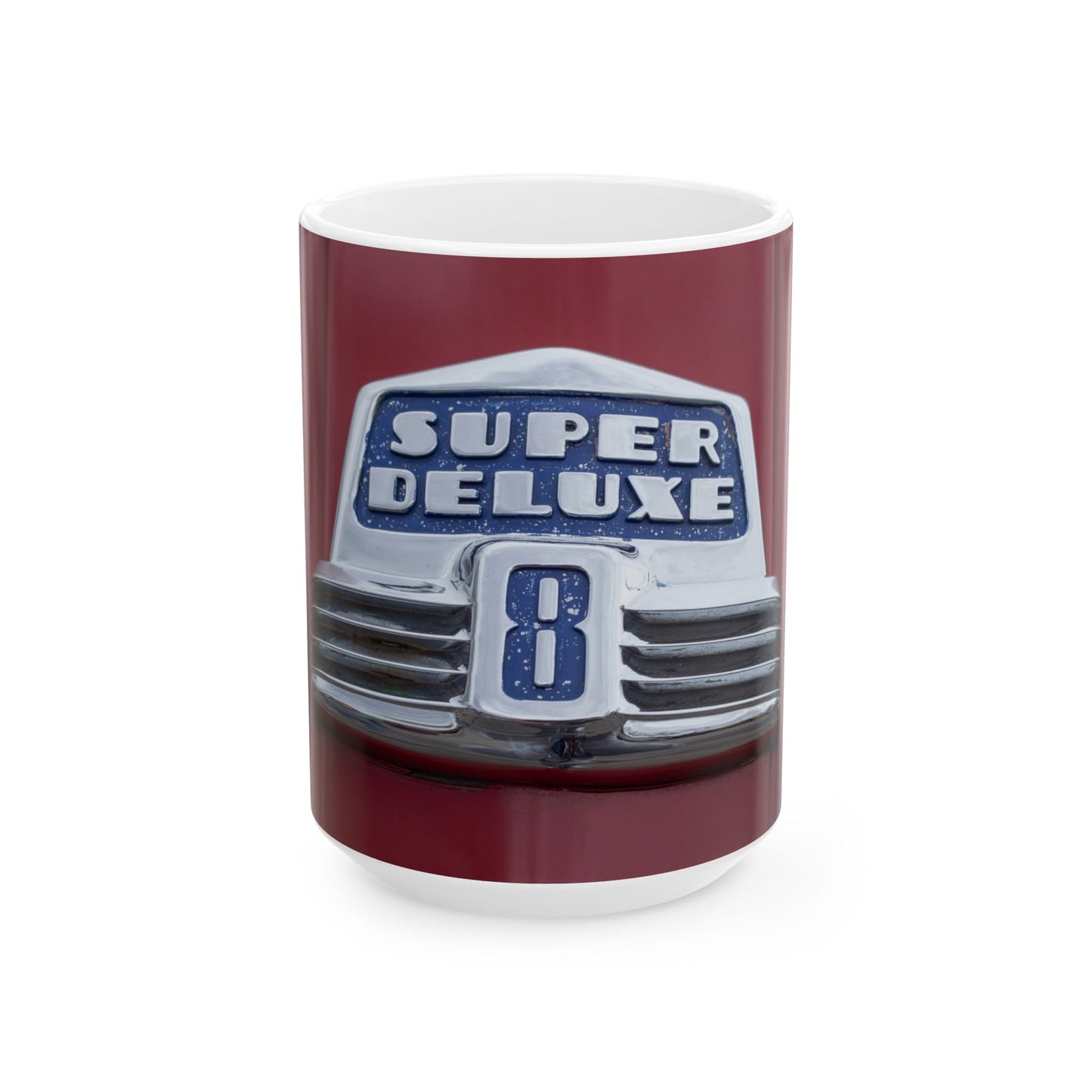 Buick Super Deluxe 8 cylinder classic car chrome logo for 11 or 15oz cups or mugs.