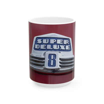Buick Super Deluxe 8 cylinder classic car chrome logo for 11 or 15oz cups or mugs.