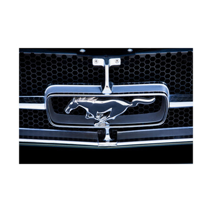 Ford Mustang classic muscle car chrome logo emblem for car lovers and motor heads' garages and man caves.
