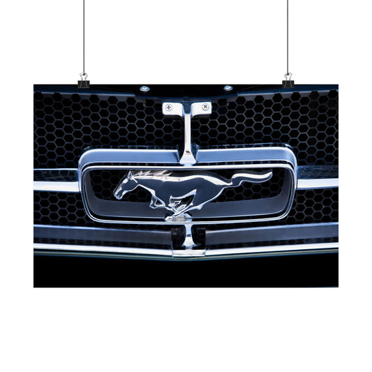 Ford Mustang classic muscle car chrome logo emblem for car lovers and motor heads' garages and man caves.