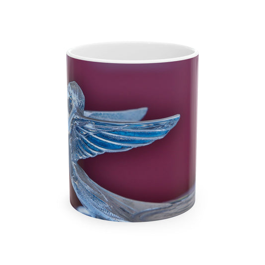 Vintage Plymouth chrome classic car hood ornament on 11 or 15oz ceramic mugs.
