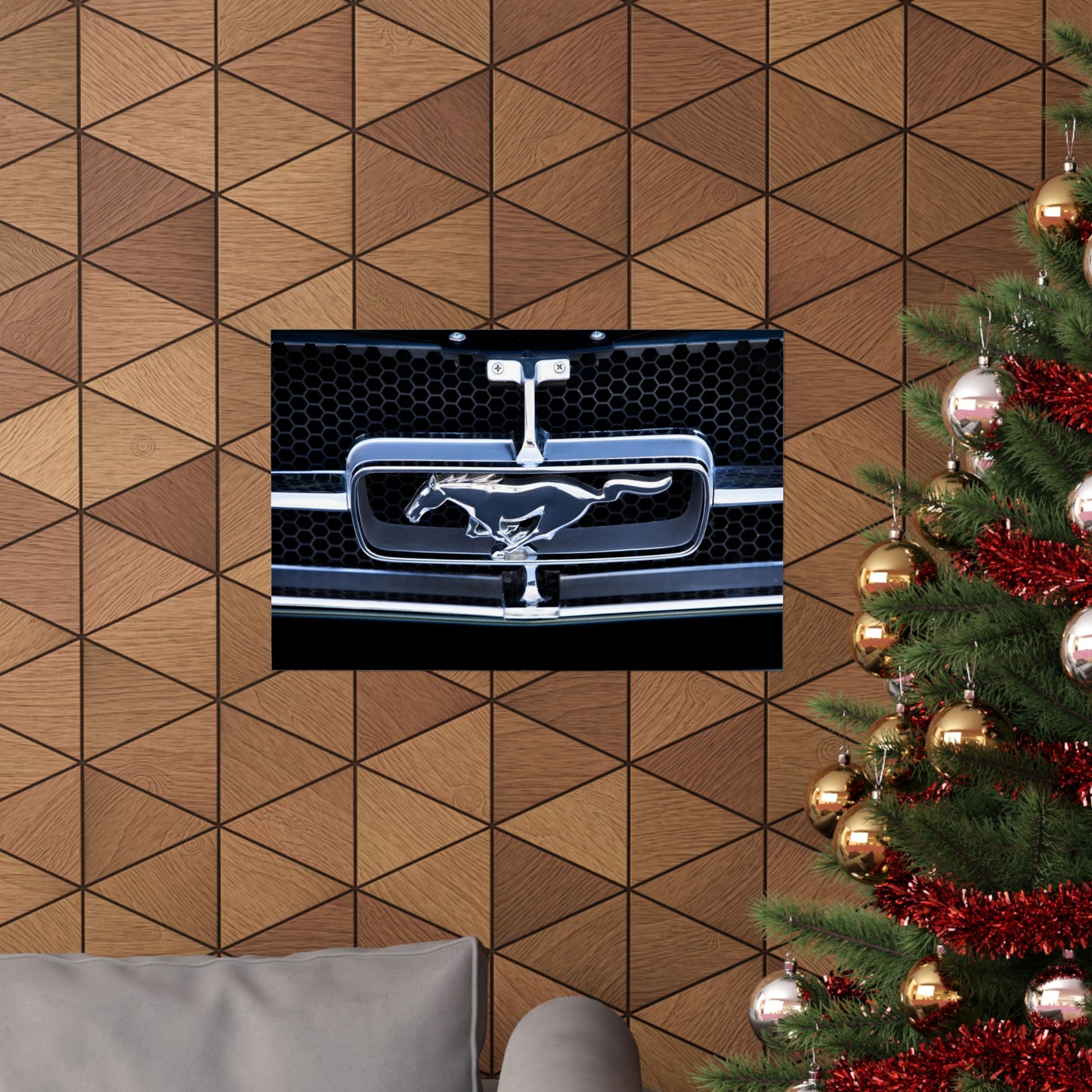 Ford Mustang classic muscle car chrome logo emblem for car lovers and motor heads' garages and man caves.